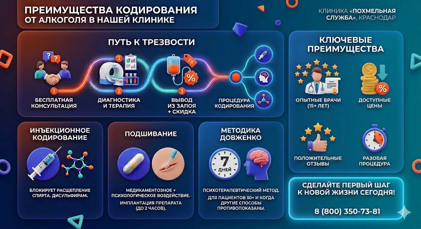 Инфографика о методах кодирования от алкоголя в Рамони: инъекции, подшивание, метод Довженко. Преимущества клиники и этапы лечения.