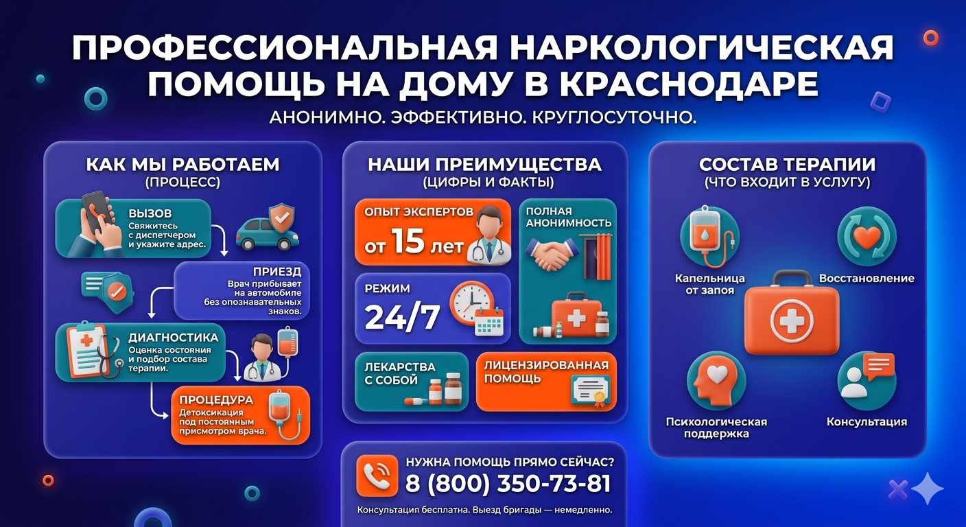 Инфографика о принципах лечения алкоголизма на дому в Рамони: этапы вызова нарколога, преимущества анонимной детоксикации и состав медицинской помощи.